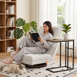 Modern Floor Lounge Chair and Coffee Table Set Swivel Foldable Linen Sofa Chair White C Shaped Side Table Walnut