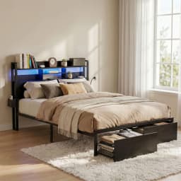 King Bed Frame with Charging Station Storage Drawers LED Lights Storage Organizer Platform Bed
