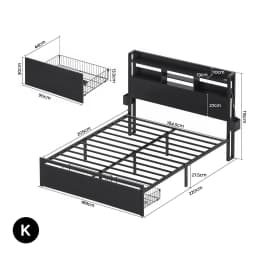 King Bed Frame with Charging Station Storage Drawers LED Lights Storage Organizer Platform Bed