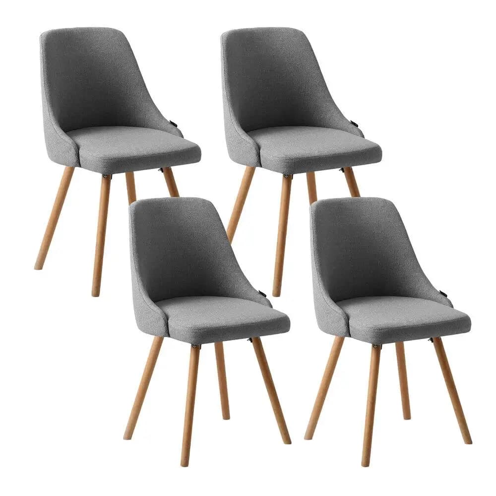 Set of 4 Grey Fabric Dining Chairs Wooden Legs Modern Upholstered Kitchen Chairs
