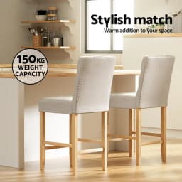 Set of 4 Linen Upholstered Bar Stools with Backrest Modern Counter Height Kitchen Dining Chairs for Home Island Seating