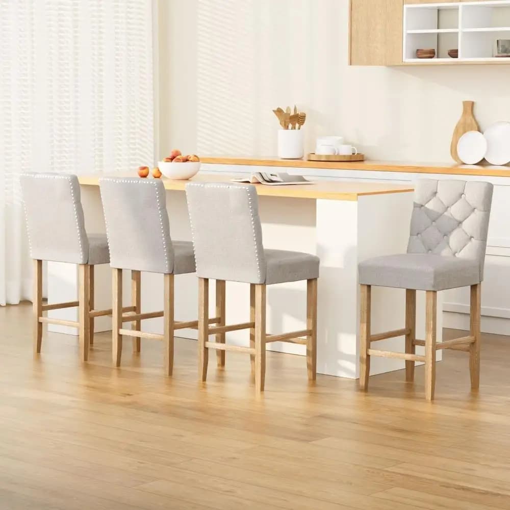 Set of 4 Linen Upholstered Bar Stools with Backrest Modern Counter Height Kitchen Dining Chairs for Home Island Seating