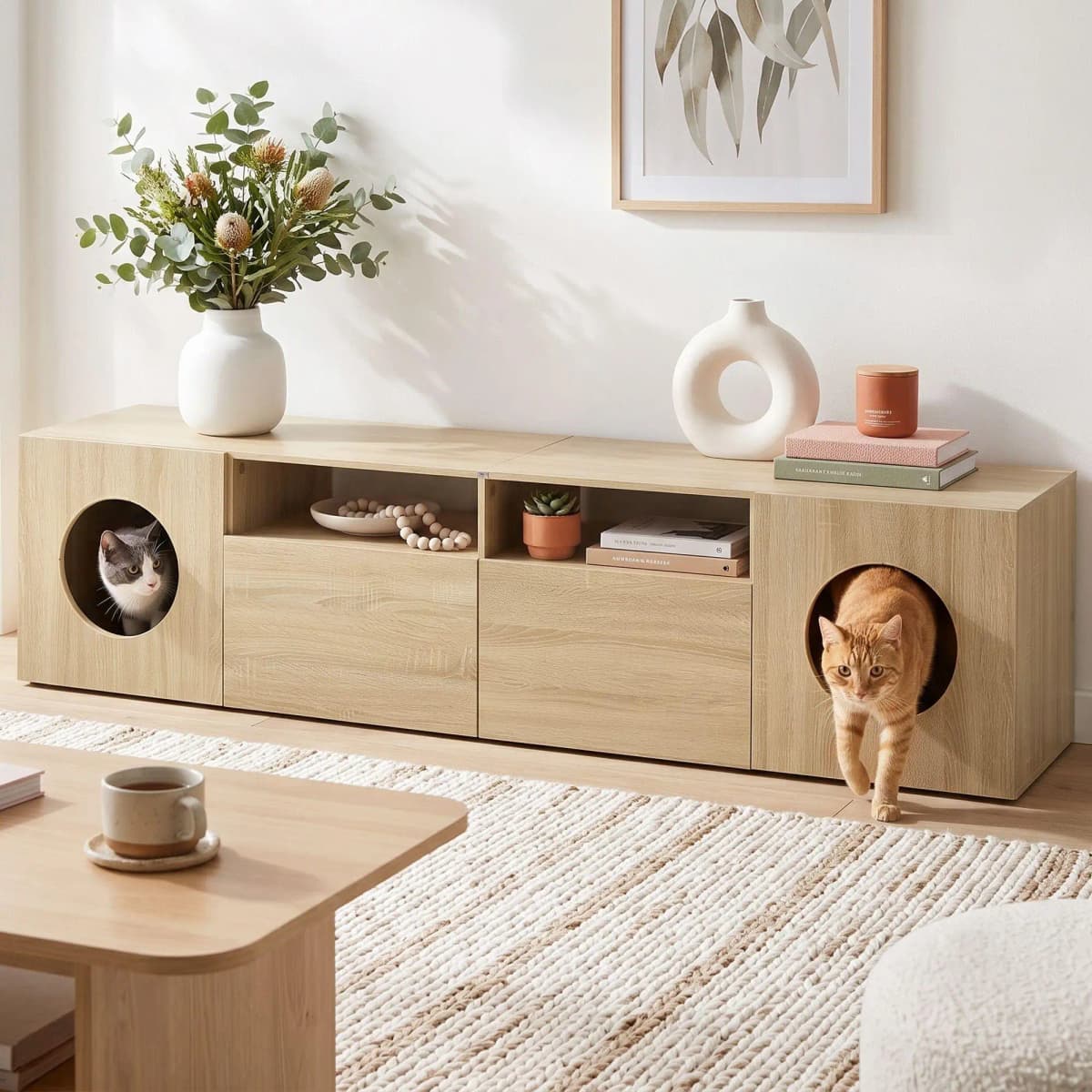 185CM Pine TV Unit with Cat House Storage Cabinet Modern Living Room Media Console Wooden Entertainment Center Sideboard