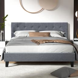 Queen Size Grey Upholstered Bed Frame with Storage Headboard Platform Mattress Support Modern Bedroom Furniture
