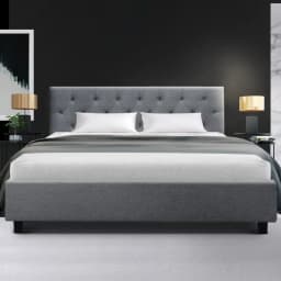 Queen Size Grey Upholstered Bed Frame with Storage Headboard Platform Mattress Support Modern Bedroom Furniture