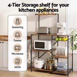4 Tier Kitchen Storage Rack with Pull Out Basket 6 Hooks Microwave Stand Shelf