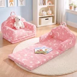 Kids Fold Out Sofa Bed 2 in 1 with Washable Cover Carry Handle Storage Pocket Glow in the Dark Pink
