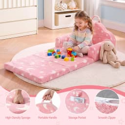 Kids Fold Out Sofa Bed 2 in 1 with Washable Cover Carry Handle Storage Pocket Glow in the Dark Pink