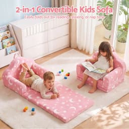 Kids Fold Out Sofa Bed 2 in 1 with Washable Cover Carry Handle Storage Pocket Glow in the Dark Pink
