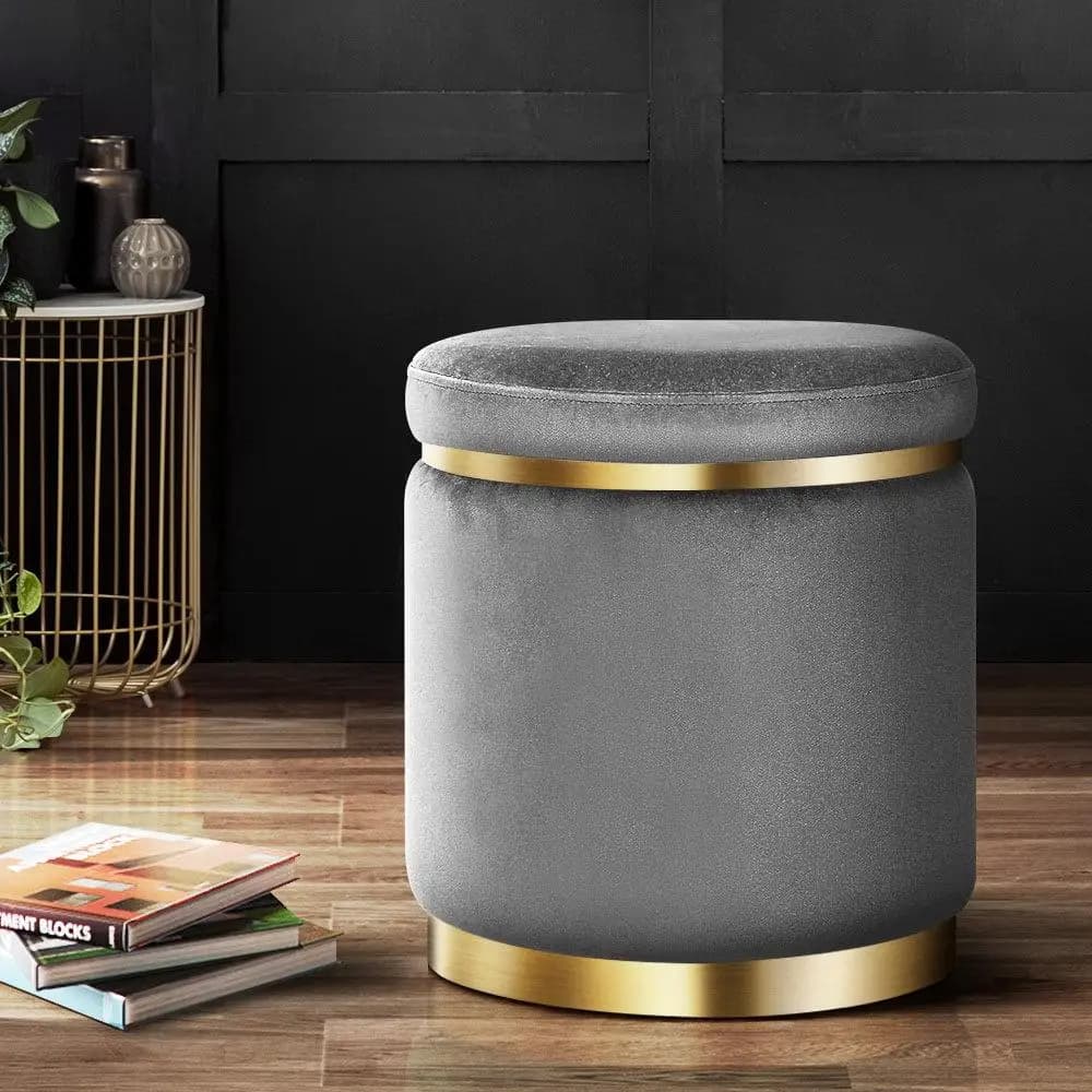 Round Velvet Ottoman Foot Stool Charcoal Plush Padded Accent Seat for Living Room Bedroom Storage Bench Style