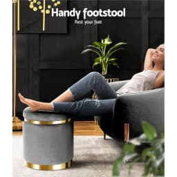Round Velvet Ottoman Foot Stool Charcoal Plush Padded Accent Seat for Living Room Bedroom Storage Bench Style