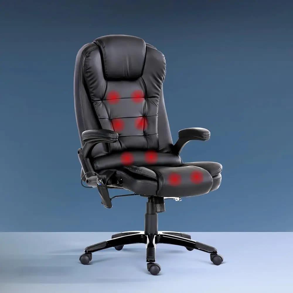 8 Point Massage Office Chair Heated Seat Recliner PU Leather Black Ergonomic Comfort Relaxation Chair for Home Office Use