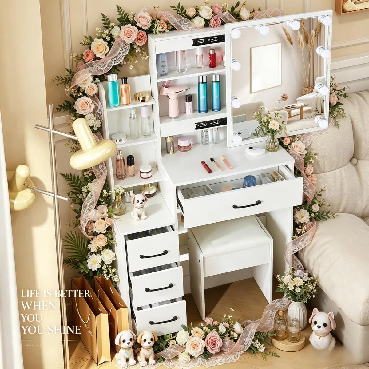 Modern Dressing Table Set, LED Sliding 3 Color Lighting Mirror, Vanity Desk with Stool & Bedroom Storage