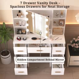 LED Light Bulbs Dressing Table with Mirror 7 Drawers Makeup Vanity Desk Organizer for Bedroom Storage