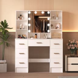 LED Light Bulbs Dressing Table with Mirror 7 Drawers Makeup Vanity Desk Organizer for Bedroom Storage