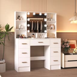 LED Light Bulbs Dressing Table with Mirror 7 Drawers Makeup Vanity Desk Organizer for Bedroom Storage