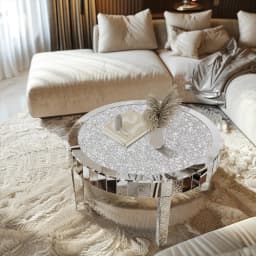 Luxury Silver Mirror Coffee Table with Crystal Diamonds Inlay Round Accent Side Table for Living Room Bedroom
