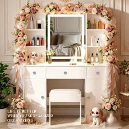 New White Large Vanity Set, 3 Color Dimmable LED Mirror, 3 Drawers & Padded Stool, Sturdy Frame