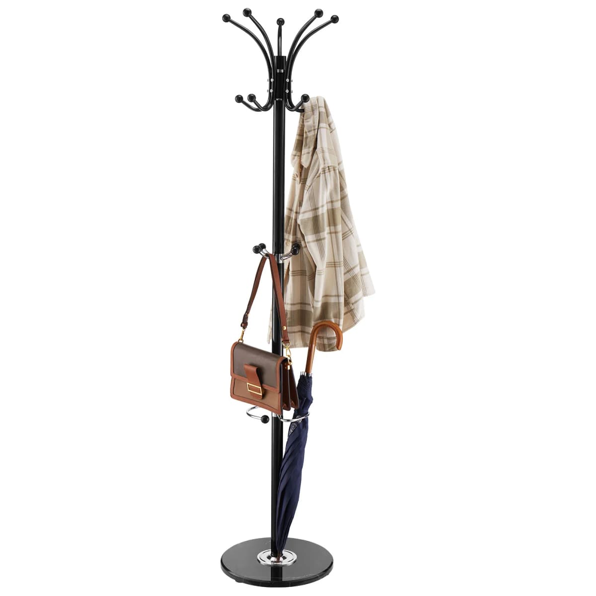 SucceBuy Freestanding Coat Rack Metal Coats Rack Stand with Umbrella Holder Marble Base &14 Hooks Hall Coat Tree for Living Room