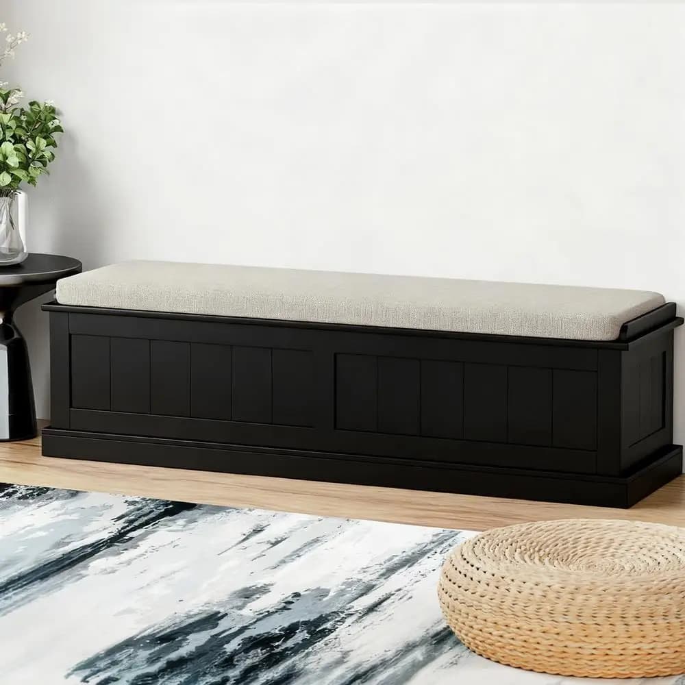 140cm Fluted Black Storage Ottoman Blanket Box Upholstered Bench Seat Shoe Storage Organizer for Bedroom Living Room Extra Large Capacity