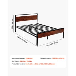 SucceBuy Bed Frame 14Inch Black Metal Platform Bed Frame with Retro Brown Wooden Headboard and Footboard Large Under-Bed Storage