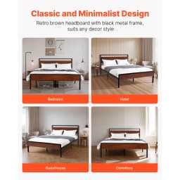 SucceBuy Bed Frame 14Inch Black Metal Platform Bed Frame with Retro Brown Wooden Headboard and Footboard Large Under-Bed Storage