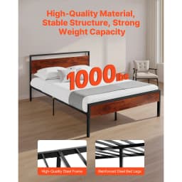 SucceBuy Bed Frame 14Inch Black Metal Platform Bed Frame with Retro Brown Wooden Headboard and Footboard Large Under-Bed Storage