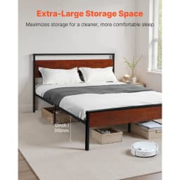 SucceBuy Bed Frame 14Inch Black Metal Platform Bed Frame with Retro Brown Wooden Headboard and Footboard Large Under-Bed Storage