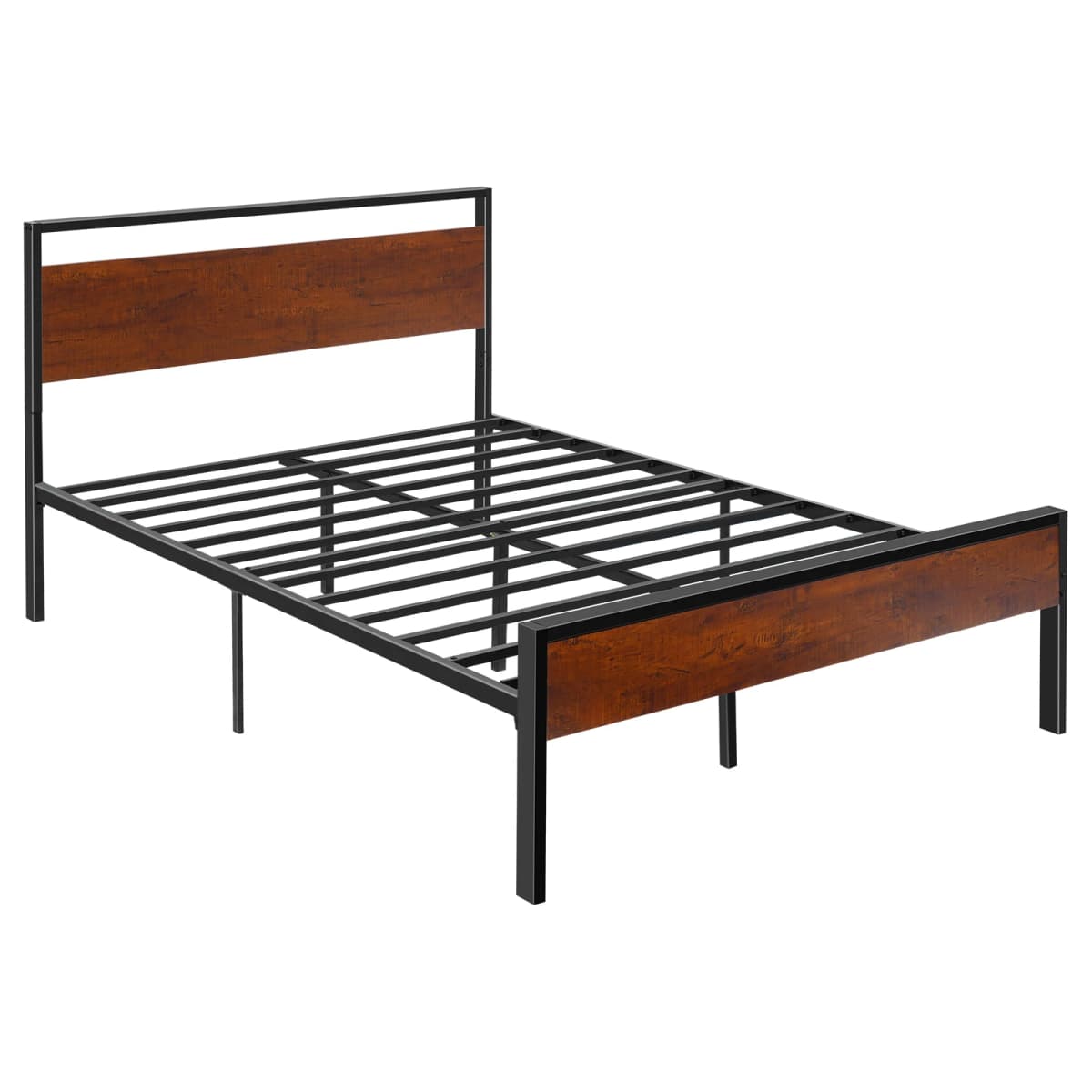 SucceBuy Bed Frame 14Inch Black Metal Platform Bed Frame with Retro Brown Wooden Headboard and Footboard Large Under-Bed Storage