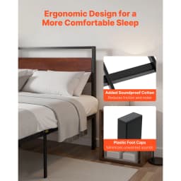 SucceBuy Bed Frame 14Inch Black Metal Platform Bed Frame with Retro Brown Wooden Headboard and Footboard Large Under-Bed Storage