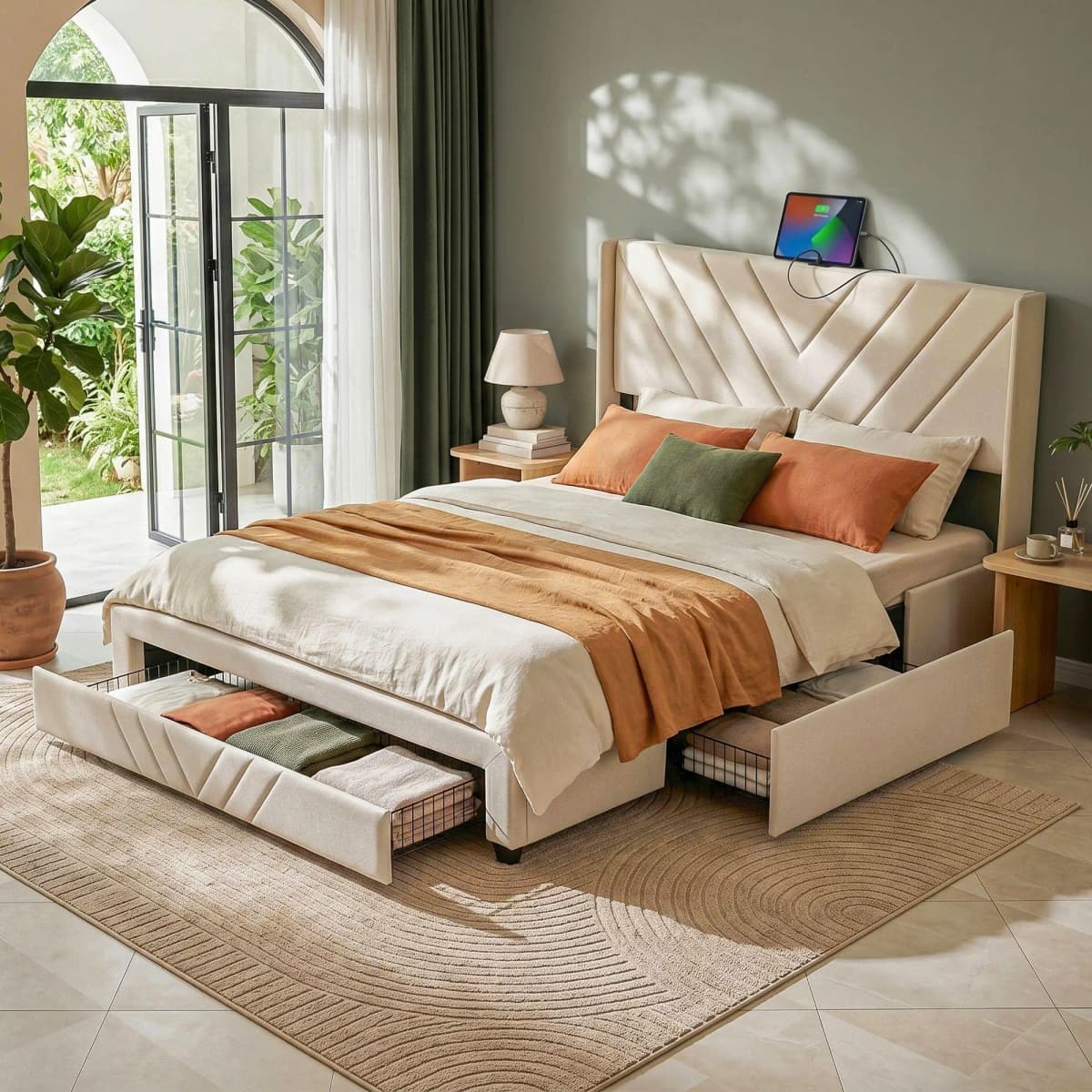 Double Bed Frame with Charging Station Storage Drawers Beige Heavy Duty Quiet Support 300KG