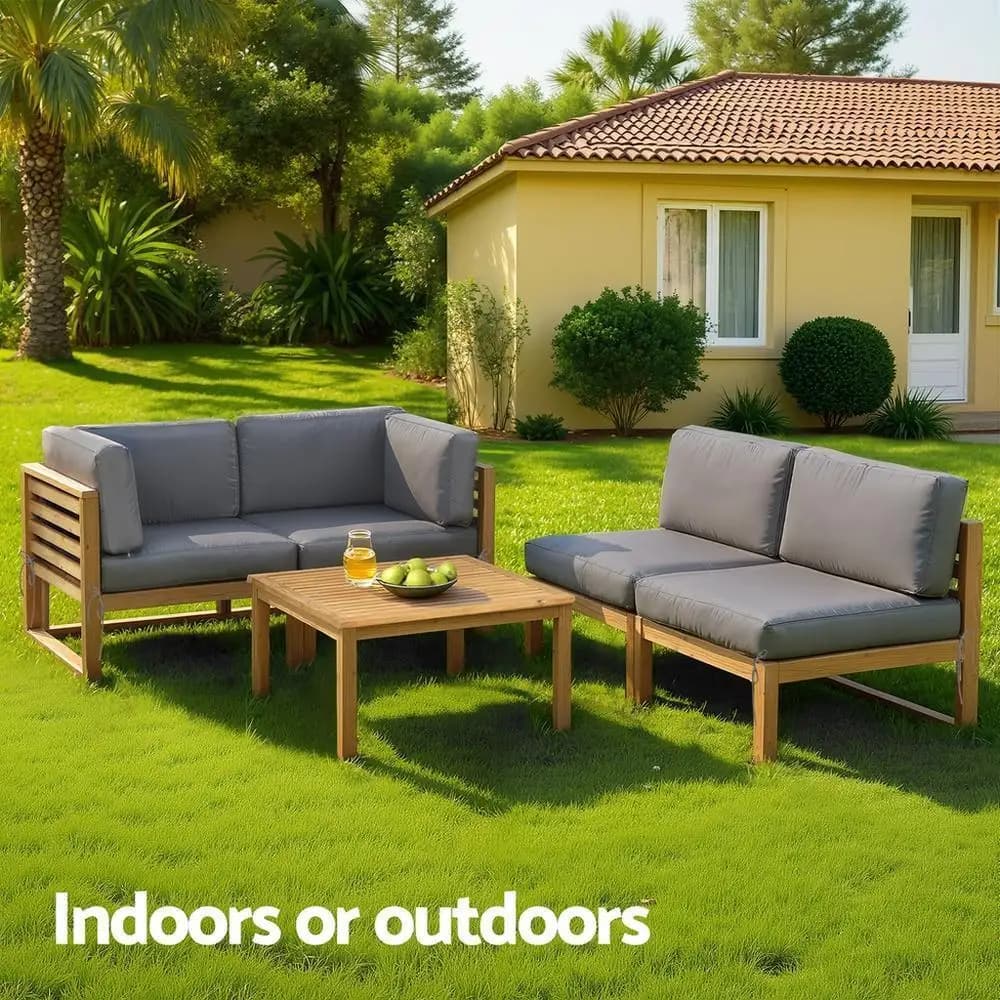 4 Piece Outdoor Wooden Sofa Set Patio Lounge Furniture with Coffee Table and Cushions