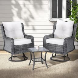 3 Piece Outdoor Furniture Bistro Set Grey Wicker Swivel Chairs with Table and Cushions Patio Garden Conversation Set