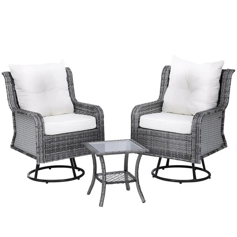 3 Piece Outdoor Furniture Bistro Set Grey Wicker Swivel Chairs with Table and Cushions Patio Garden Conversation Set