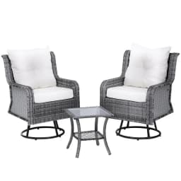 3 Piece Outdoor Furniture Bistro Set Grey Wicker Swivel Chairs with Table and Cushions Patio Garden Conversation Set