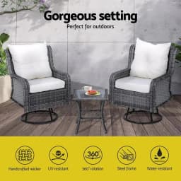 3 Piece Outdoor Furniture Bistro Set Grey Wicker Swivel Chairs with Table and Cushions Patio Garden Conversation Set