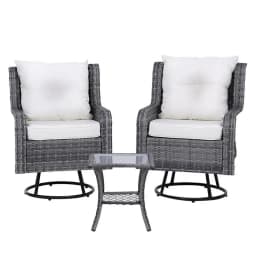 3 Piece Outdoor Furniture Bistro Set Grey Wicker Swivel Chairs with Table and Cushions Patio Garden Conversation Set