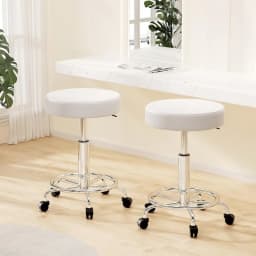 Set of 2 White Round Swivel Salon Stools Adjustable Height Chair for Beauty Spa Tattoo Reception Use
