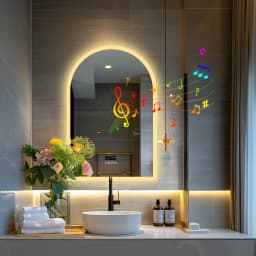 LUVODI Arched Bluetooth Bathroom Mirror with LED Backlight Dimmable Fogless Vanity Mirror with Time And Temperature Display