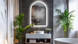 LUVODI Arched Bluetooth Bathroom Mirror with LED Backlight Dimmable Fogless Vanity Mirror with Time And Temperature Display