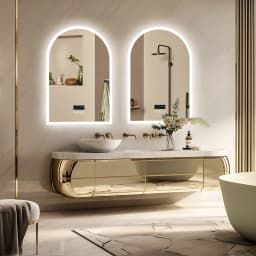 LUVODI Arched Bluetooth Bathroom Mirror with LED Backlight Dimmable Fogless Vanity Mirror with Time And Temperature Display