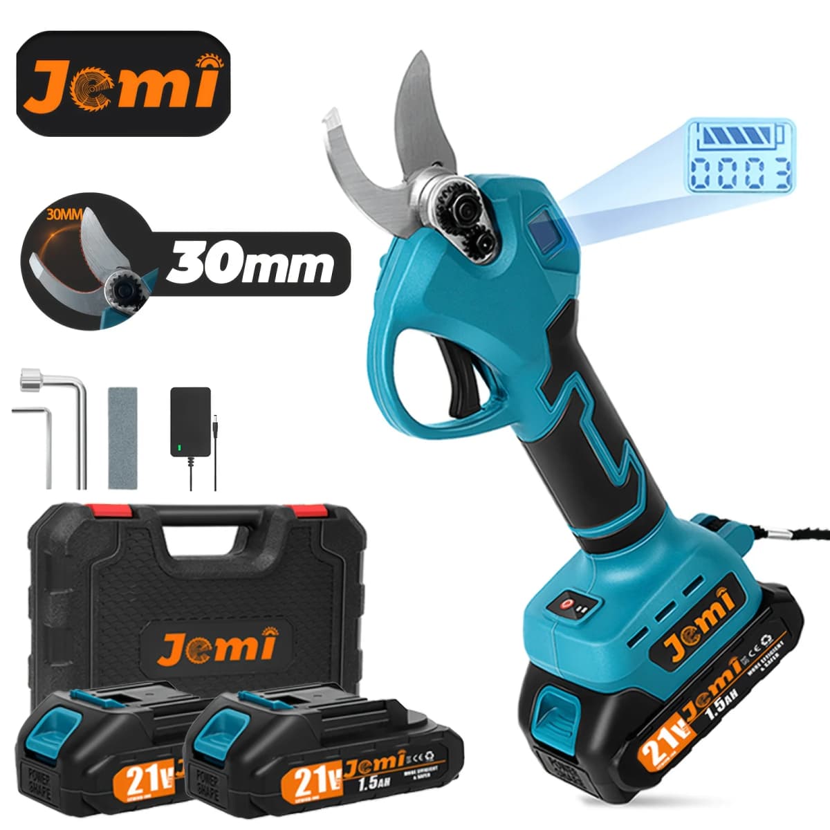 Jemi Tool brushless cordless electric pruning shears feature two cutting modes, suitable for gardening tree trimming and pot decoration. The sharp and sturdy blades can cut a maximum diameter of 30mm.
