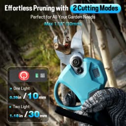 Jemi Tool brushless cordless electric pruning shears feature two cutting modes, suitable for gardening tree trimming and pot decoration. The sharp and sturdy blades can cut a maximum diameter of 30mm.