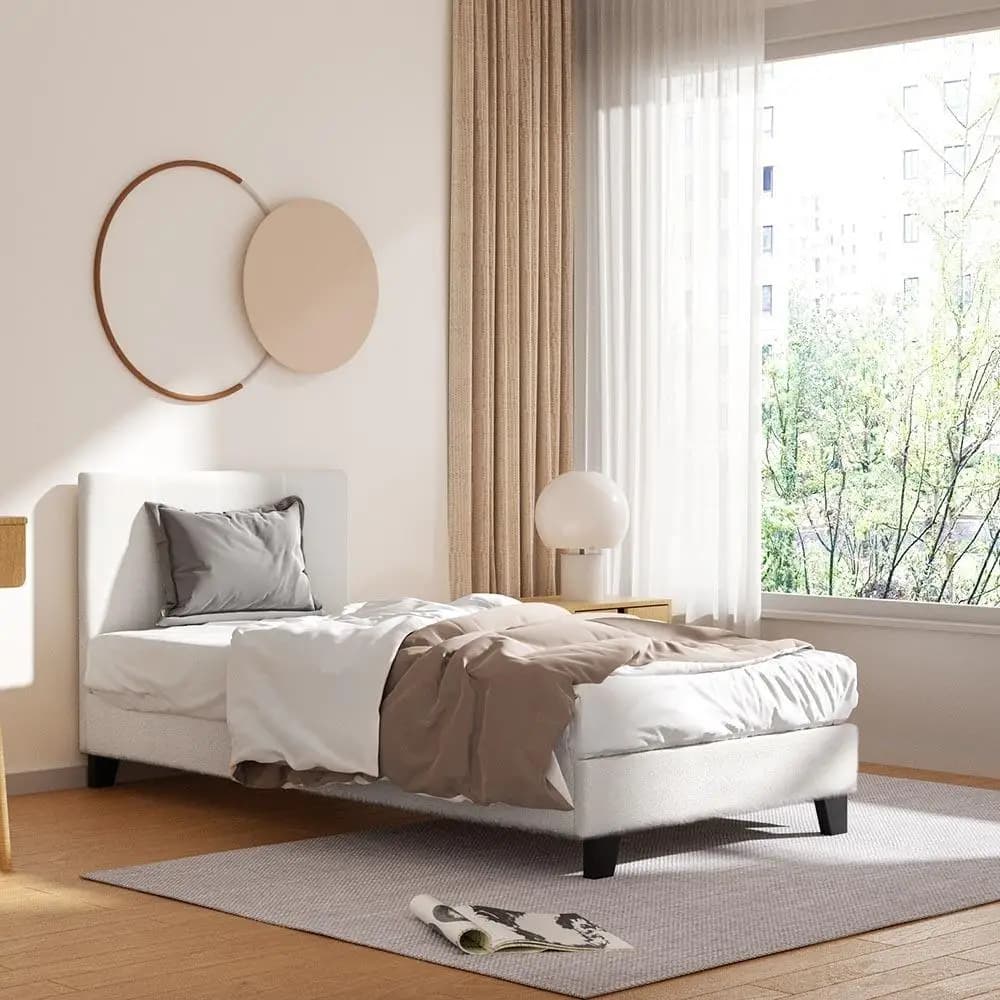 Single Size Boucle Upholstered Bed Frame Modern Soft Fabric Platform Bed for Bedroom Comfort Stylish Durable Design