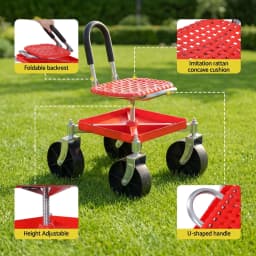 Garden Cart Seat Rolling Stool 360 Degree Swivel Height Adjustable Heavy Duty Red