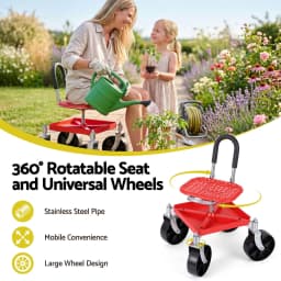 Garden Cart Seat Rolling Stool 360 Degree Swivel Height Adjustable Heavy Duty Red