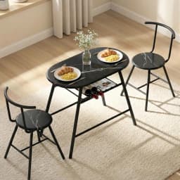 3 Piece Bistro Dining Table Set with Storage Shelf and Wine Rack Black Marble Style Kitchen Furniture