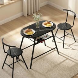 3 Piece Bistro Dining Table Set with Storage Shelf and Wine Rack Black Marble Style Kitchen Furniture