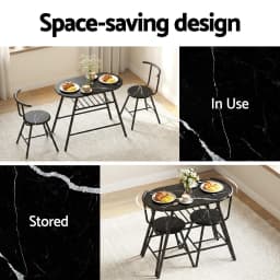 3 Piece Bistro Dining Table Set with Storage Shelf and Wine Rack Black Marble Style Kitchen Furniture