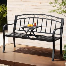 Outdoor Garden Bench Loveseat Steel Folding Patio Table Furniture Black Seat Outdoor Terrace Backyard Dual Seat Lounge Chair